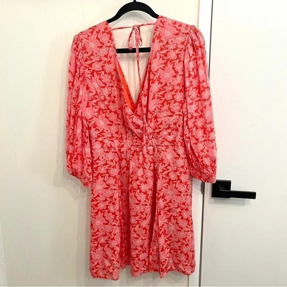 Reiss pink daisy deep v puff sleeve mini dress NWT size 12 - Picture 10 of 11